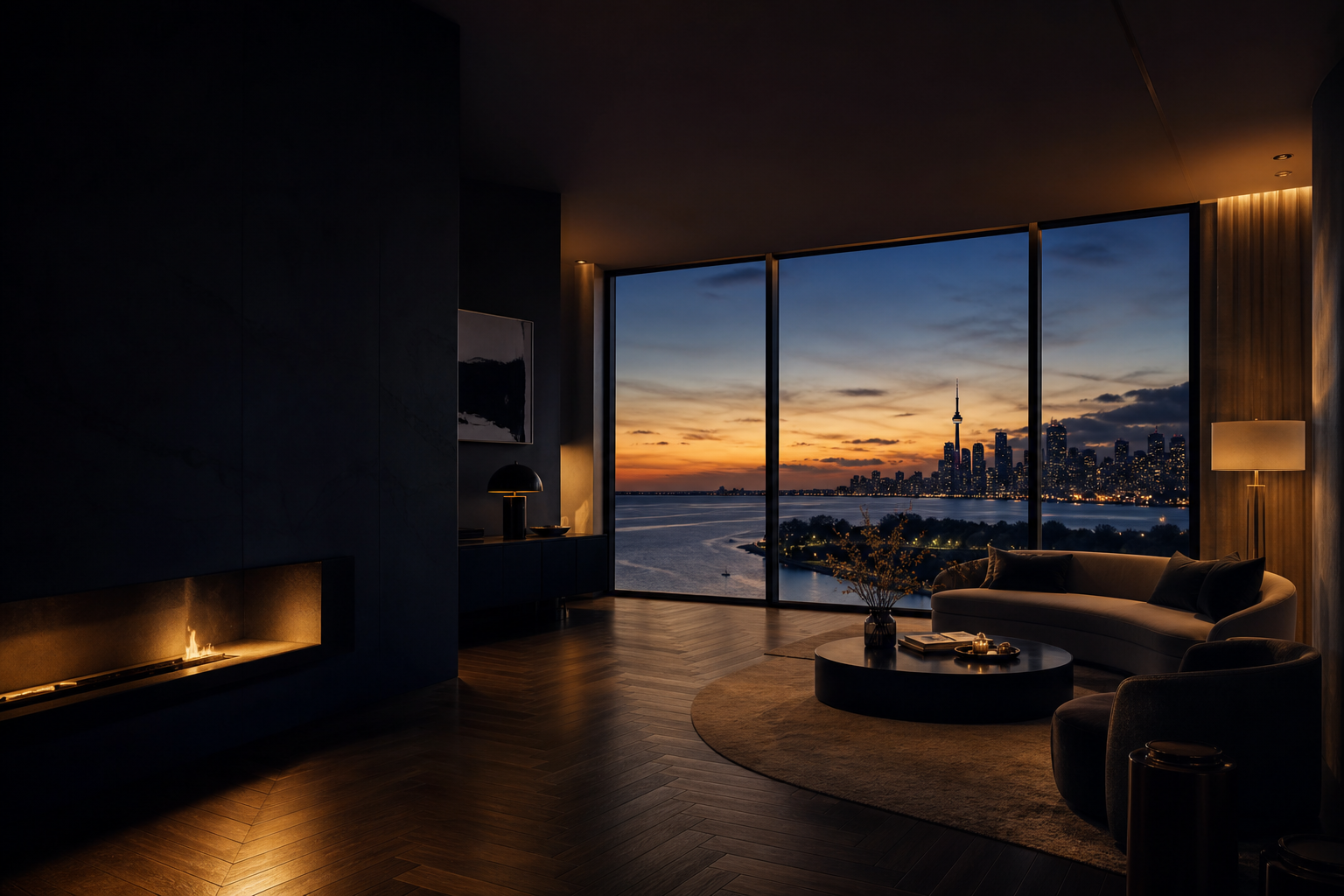 Waterfront-facing condo interior at dusk with floor-to-ceiling windows over Lake Ontario