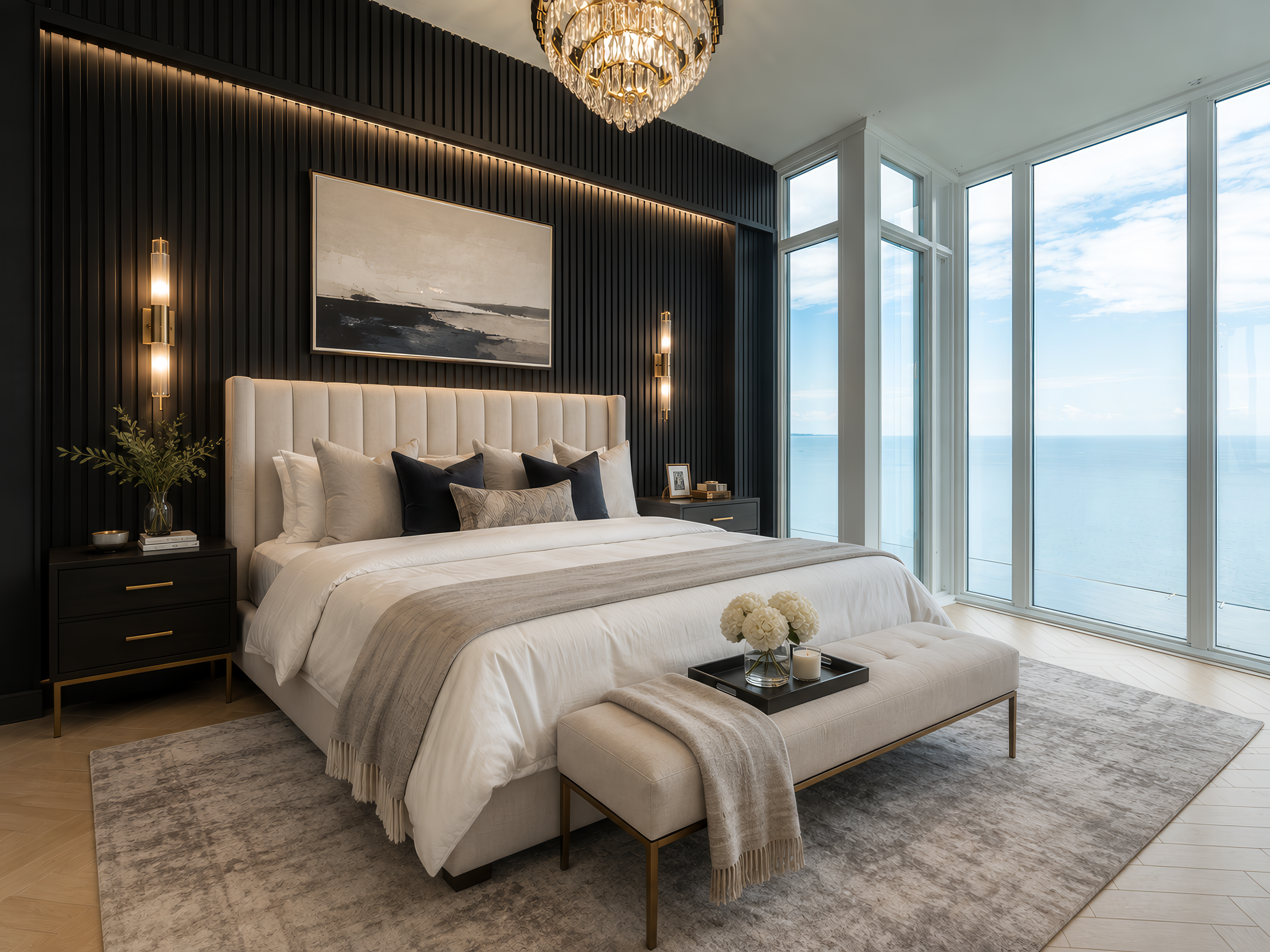 Primary bedroom with herringbone floors, custom millwork wall and waterfront views